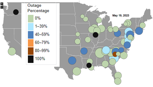 Map of the US covering nuclear outages