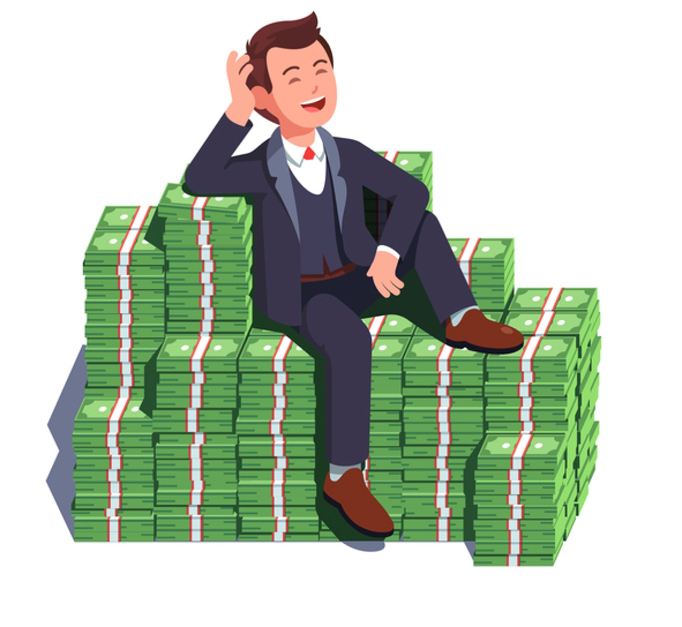 Cartoon businessman sitting on pile of money