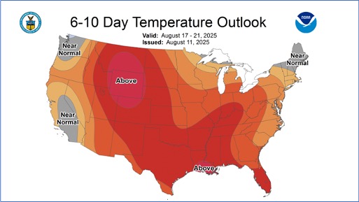 Heat map of the US titled: 6-10 Day Temperature Outlook