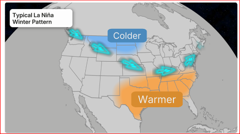 Map of United States of America showing a Typical La Nina Winter Pattern