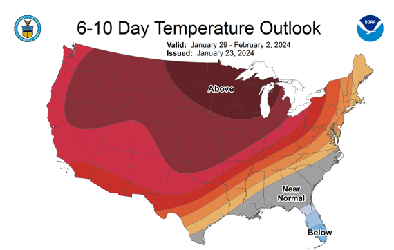 6-10 Day Temperature Outlook: Valid: January 29-February 2, 2024 - Issued: January 23, 2024