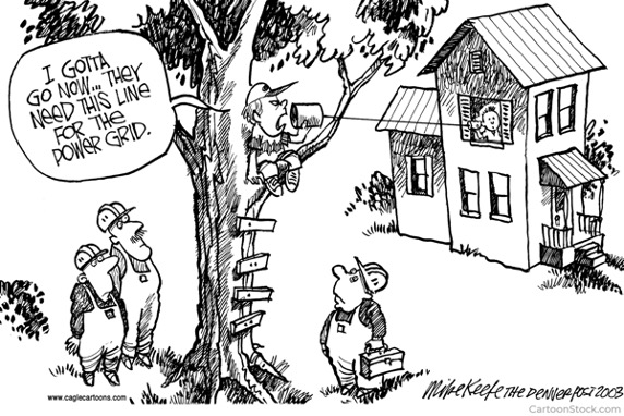 Cartoon that says "I gotta go now... they need this line for the power grid."