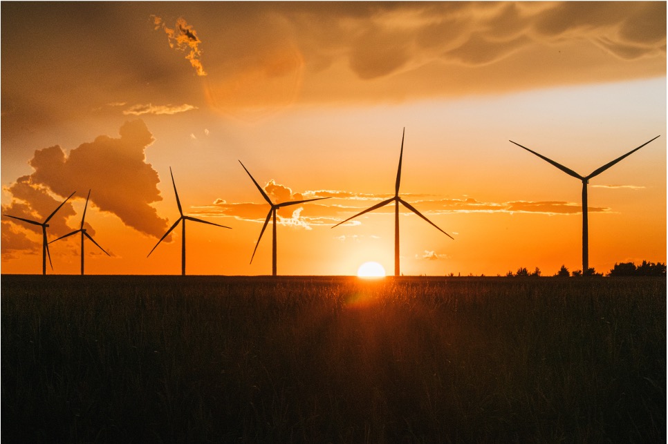 Wind turbines at sunset