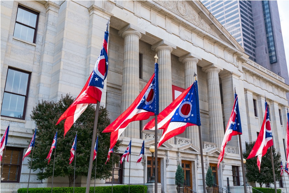 Ohio state flags flying outside government building