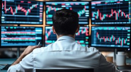 Man sitting in front of graphs on several computer monitors