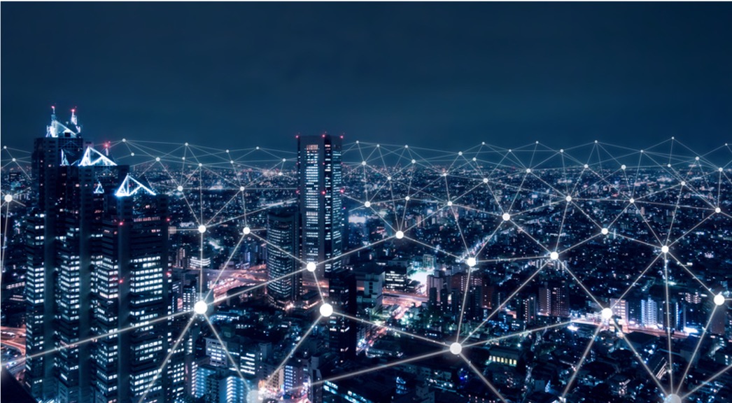 Cityscape with connecting nodes