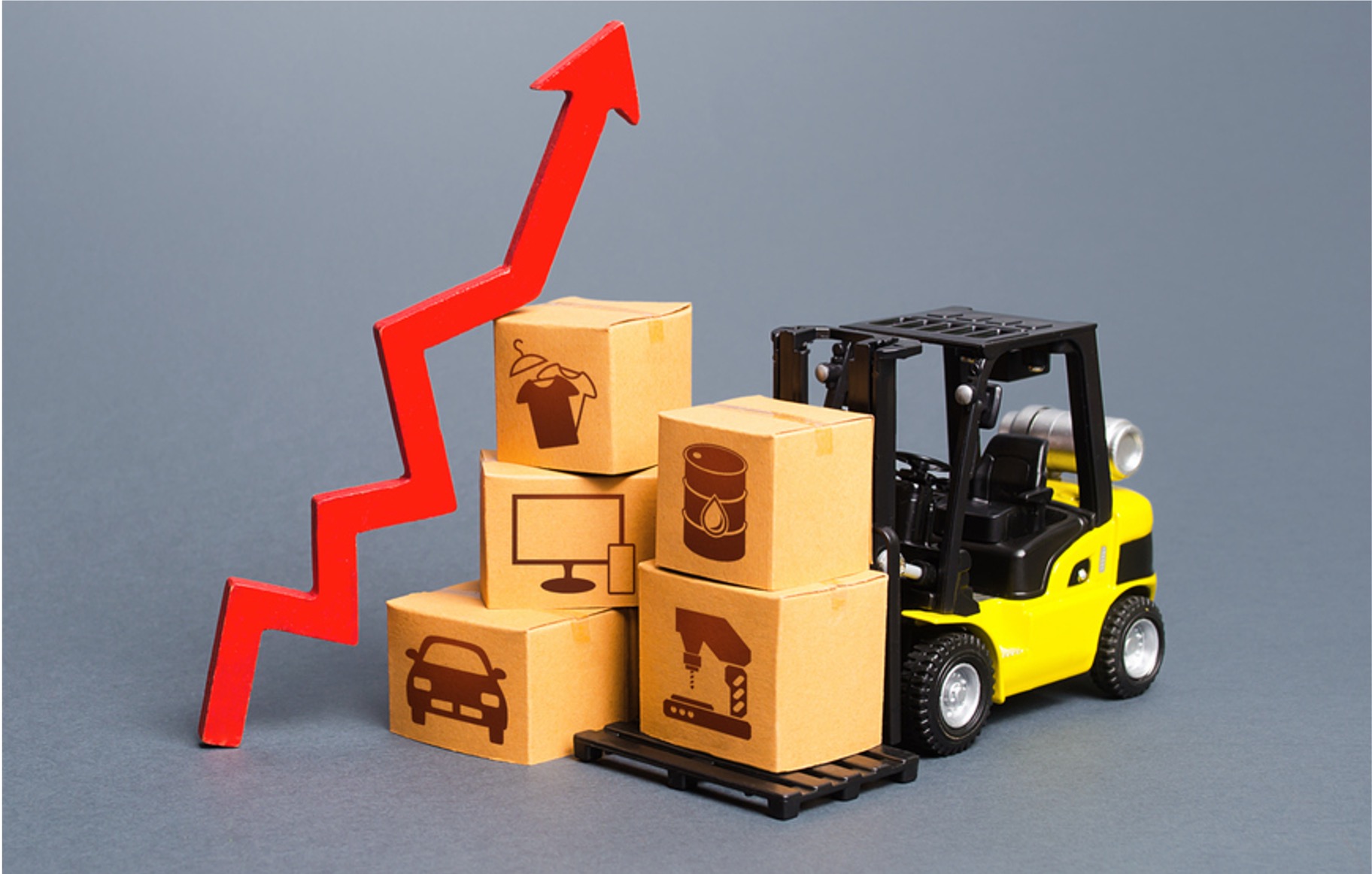 Toy forklift lifting consumer goods with an upward trend pricing arrow