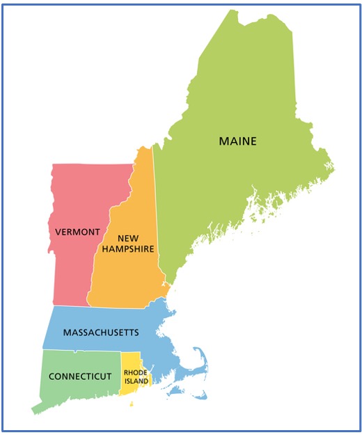 Map of Maine, Vermont, NewHampshire, Massachusetts, Connecticut, and Rhode Island