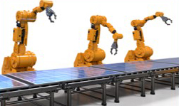 Robotic arms working on an assembly line of solar panels.