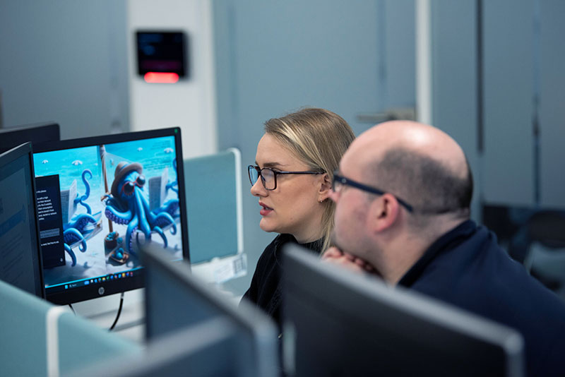 Man and woman looking at computer together