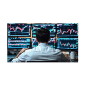 Man looking at six monitors with bar charts and graphs